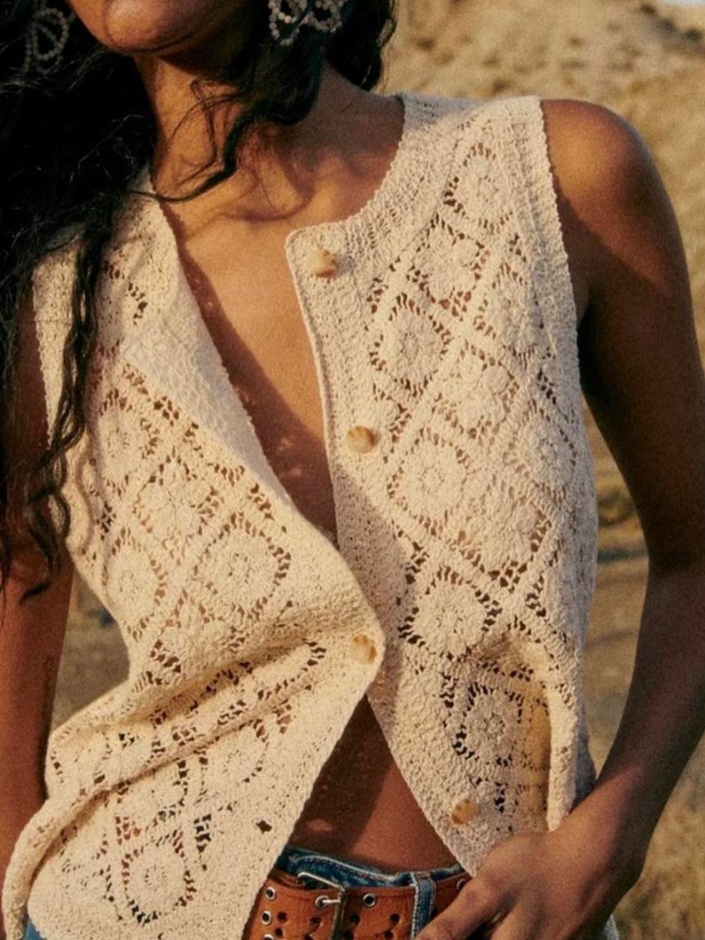 Sezane Ron Tank BlouseCrochet Knit Button Front Vest in Ecru - Picture 2 of 9